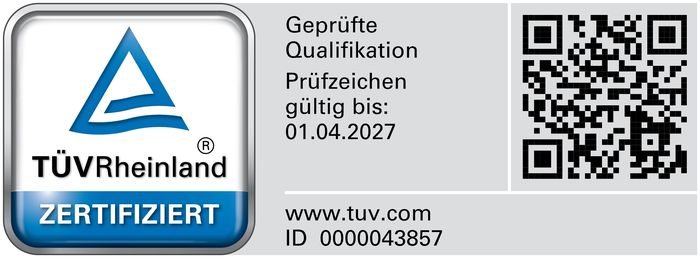 TÜV Rheinland Prüfzeichen Jens Krüger, ID 0000043857, gültig bis 01.04.2027