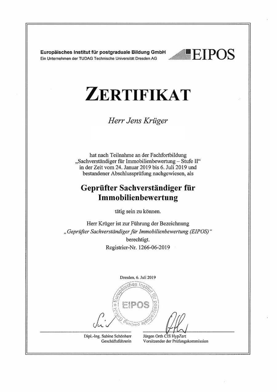 EIPOS-Zertifikat Jens Krüger – Geprüfter Sachverständiger für Immobilienbewertung