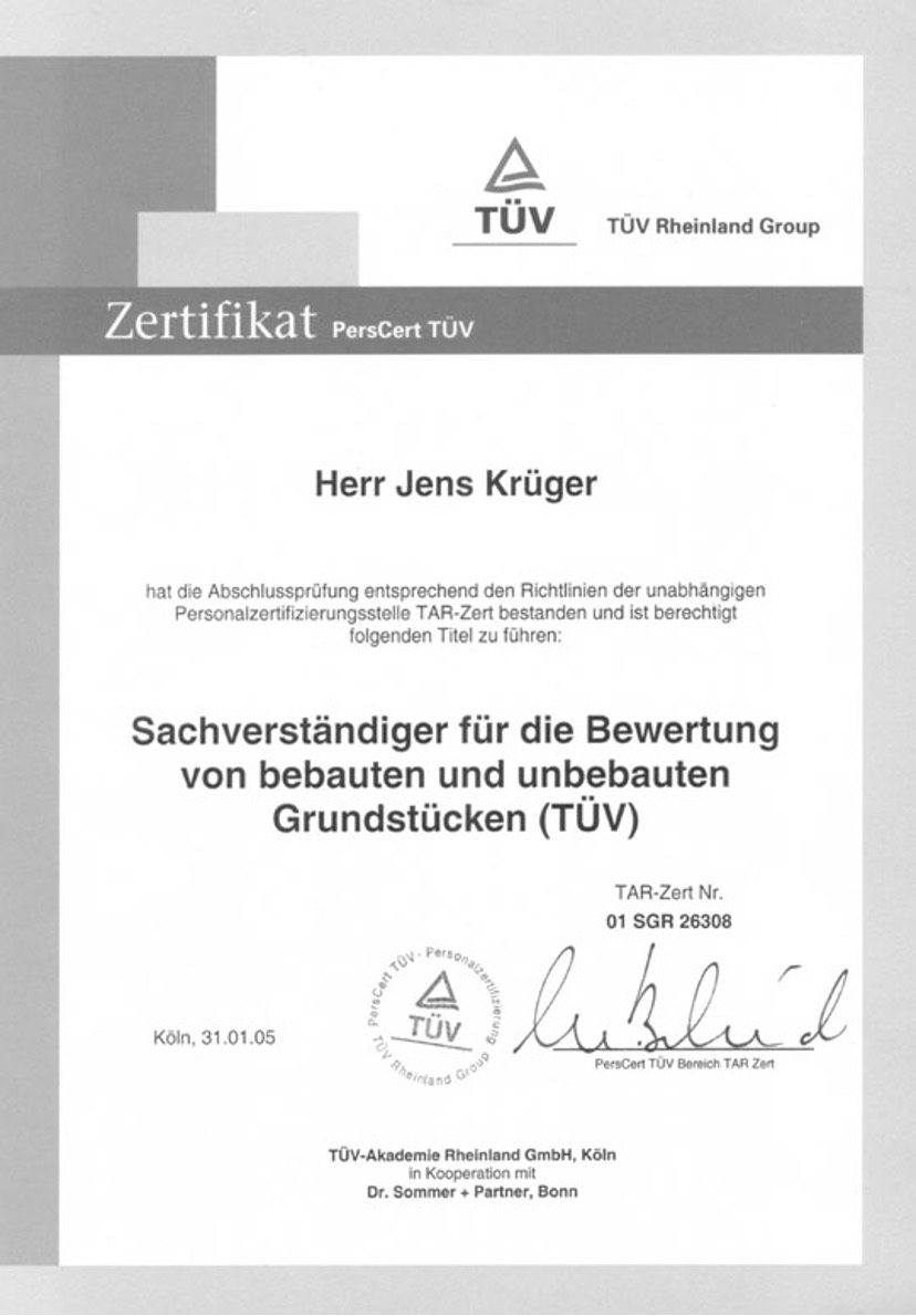 TÜV-Zertifikat Jens Krüger – Sachverständiger für die Bewertung von bebauten und unbebauten Grundstücken